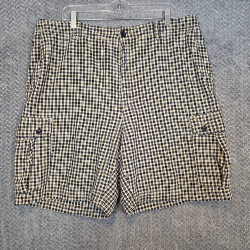 Abercrombie & Fitch Mens Plaid Cargo Shorts Navy Blue Tan Cotton Size 38